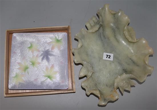 A Japanese enamel dish and soapstone leaf